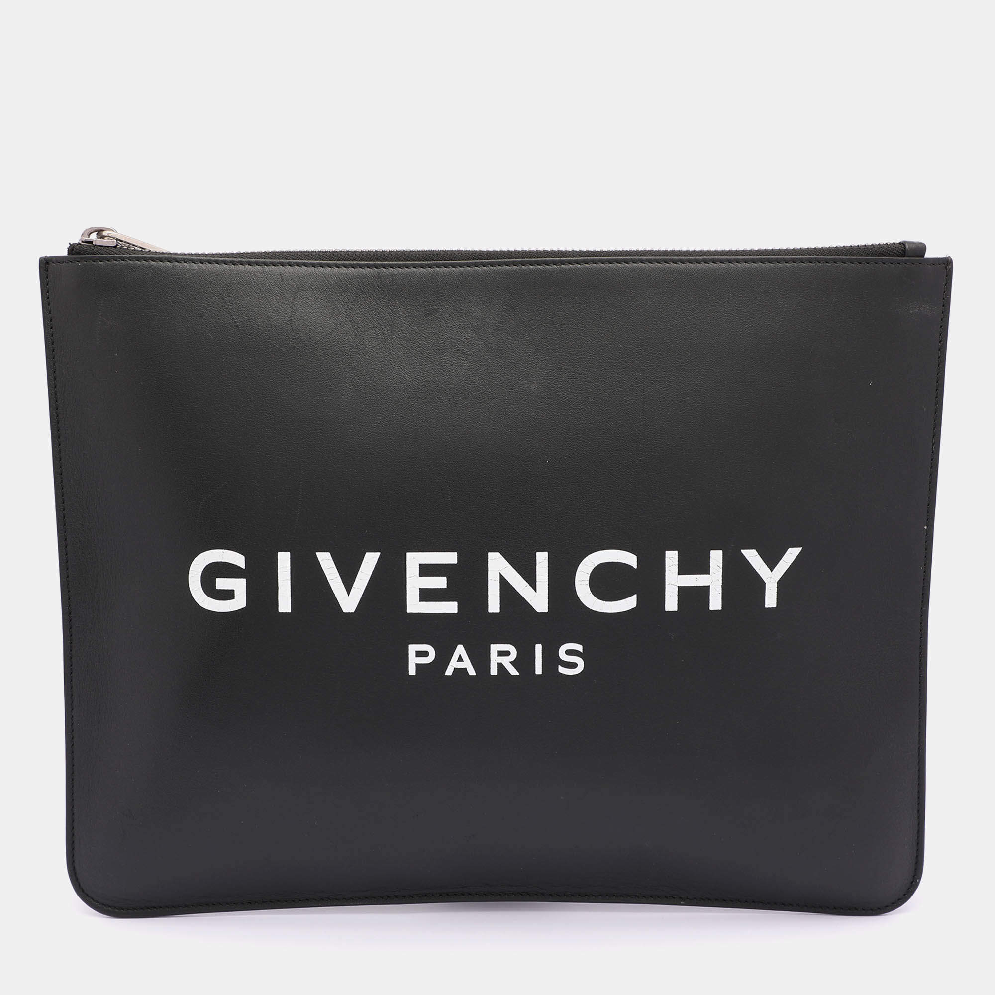 Pre Owned Givenchy Black Leather Logo Top Zip Pouch