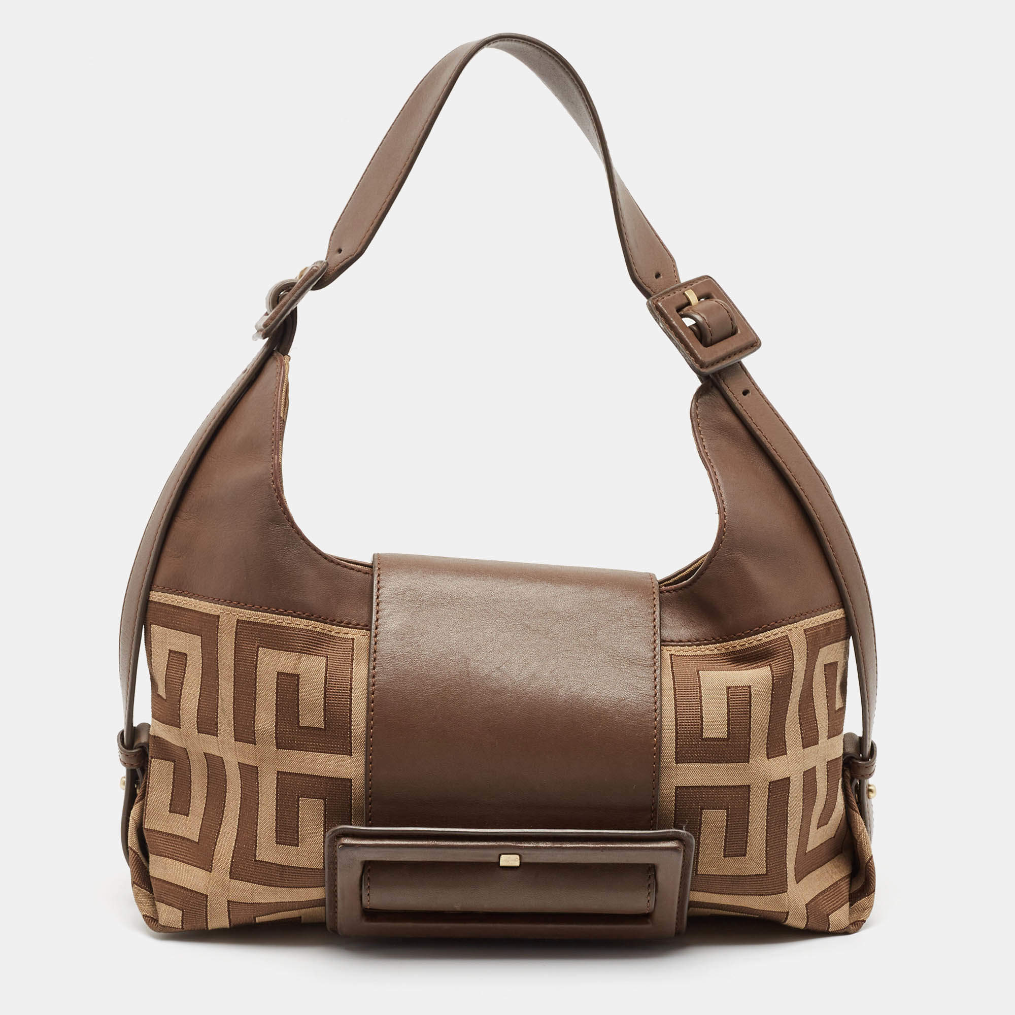 Givenchy Brown/Beige Monogram Canvas and Leather Buckle Flap Hobo