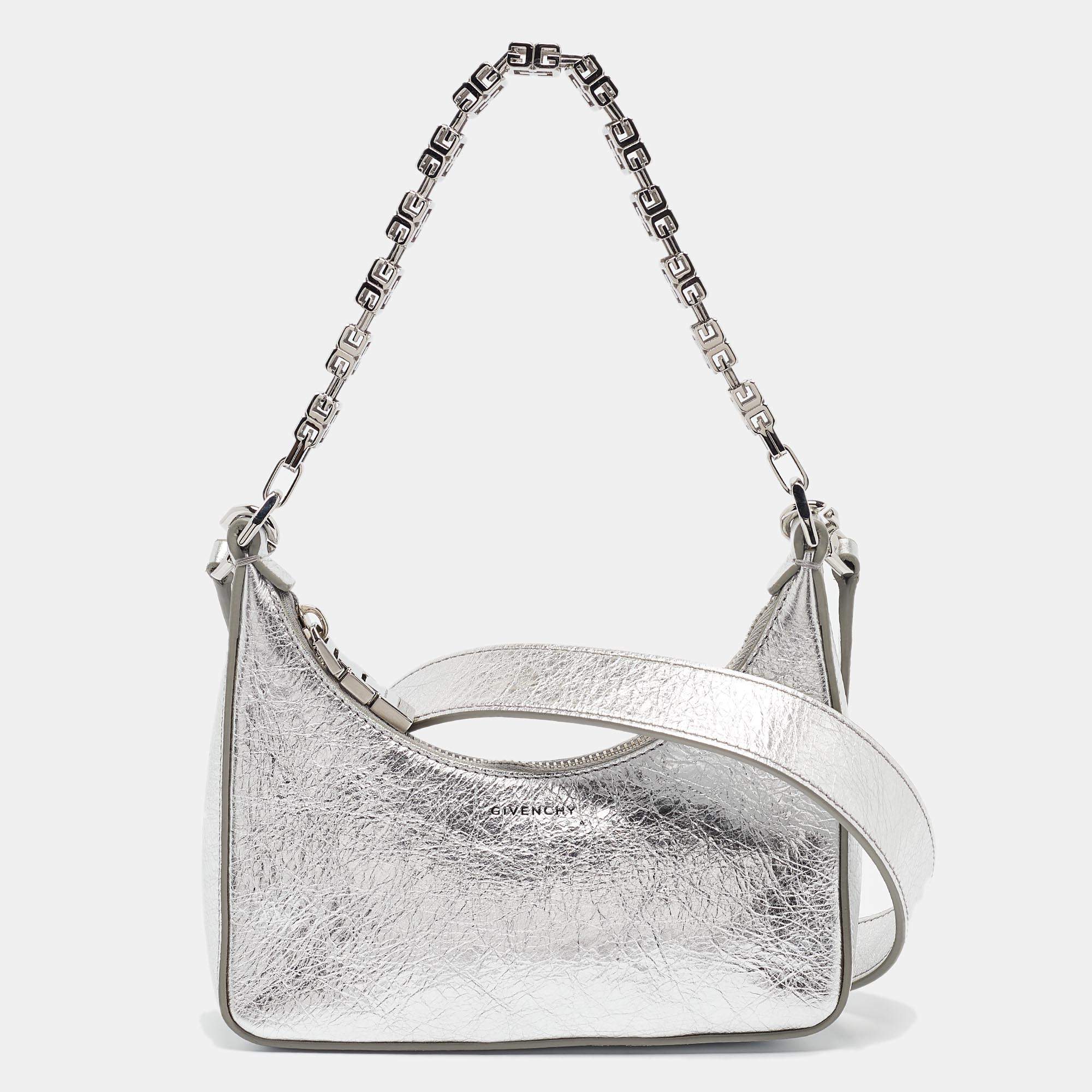 Givenchy Silver Crinkled Patent Leather Mini Moon Cutout Crossbody Bag