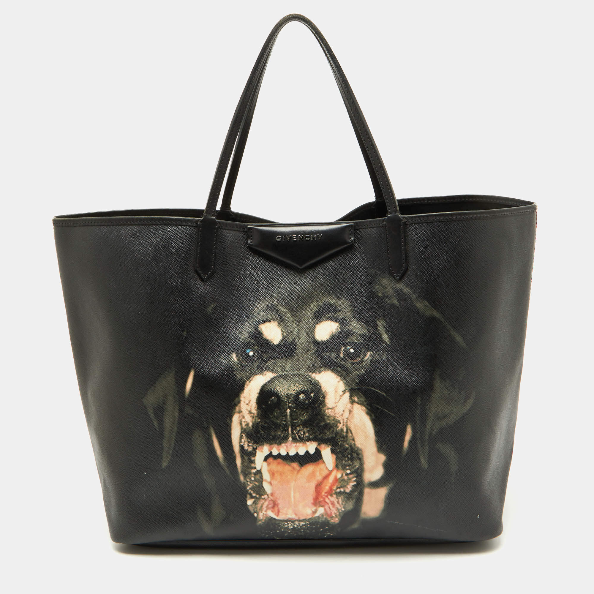 Givenchy Black Leather Antigona Rottweiler Print Shopper Tote 
