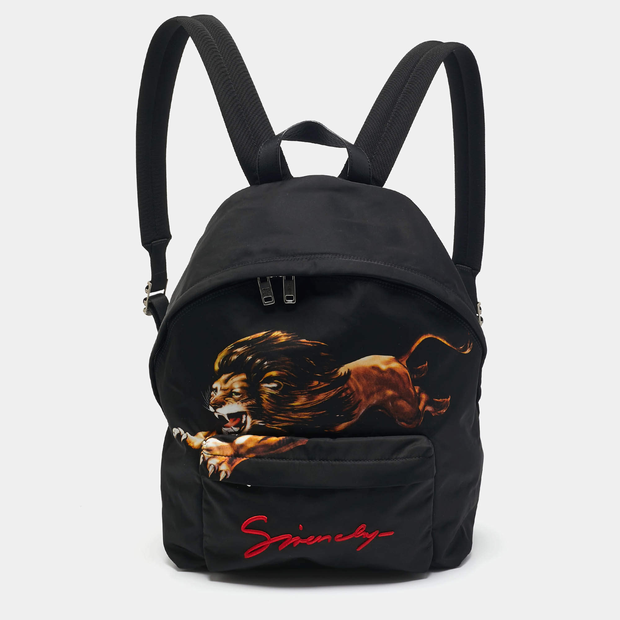 Givenchy Black Leather and Nylon Lion Print Backpack