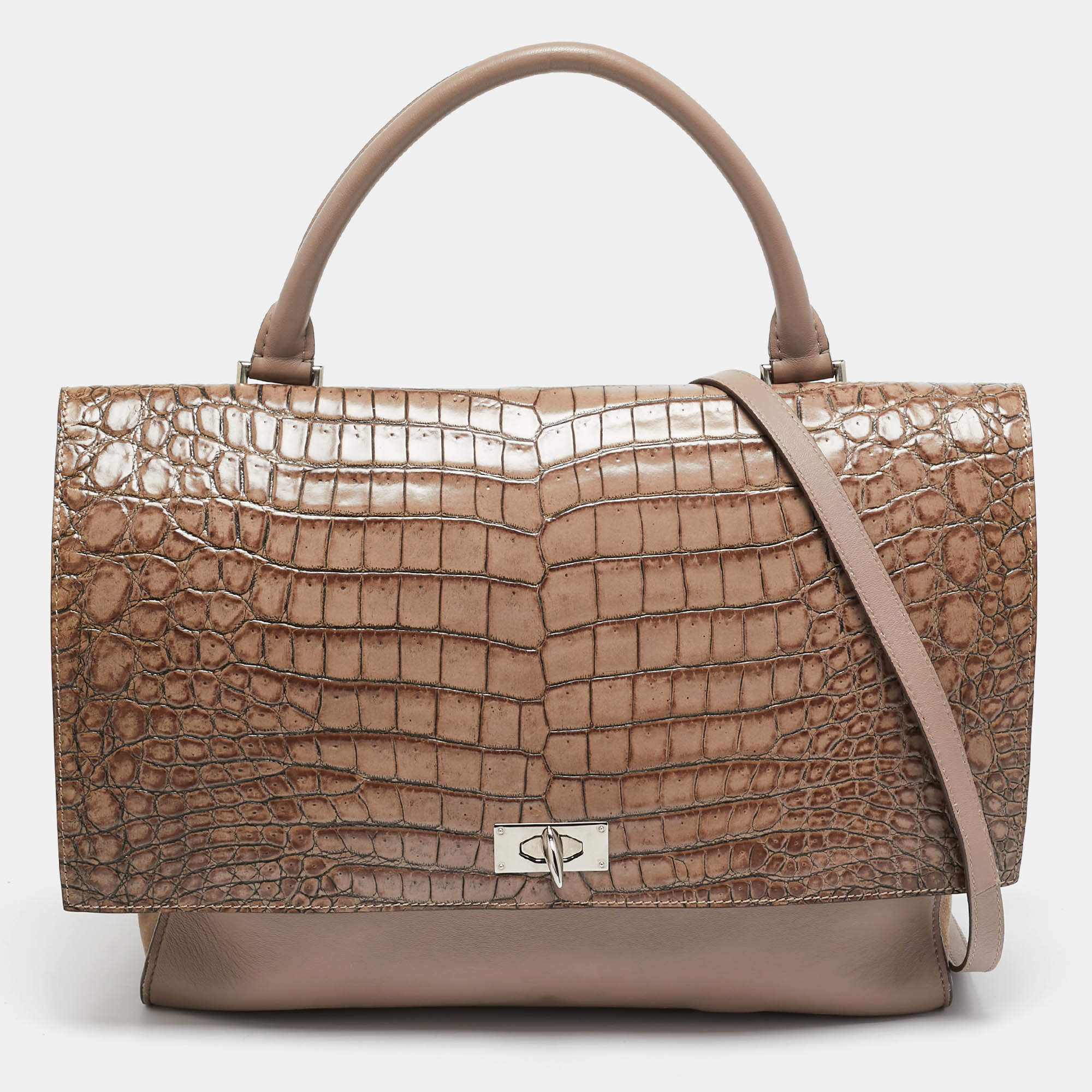Givenchy Brown/Taupe Croc Embossed Leather and Suede Shark Lock Top Handle Bag