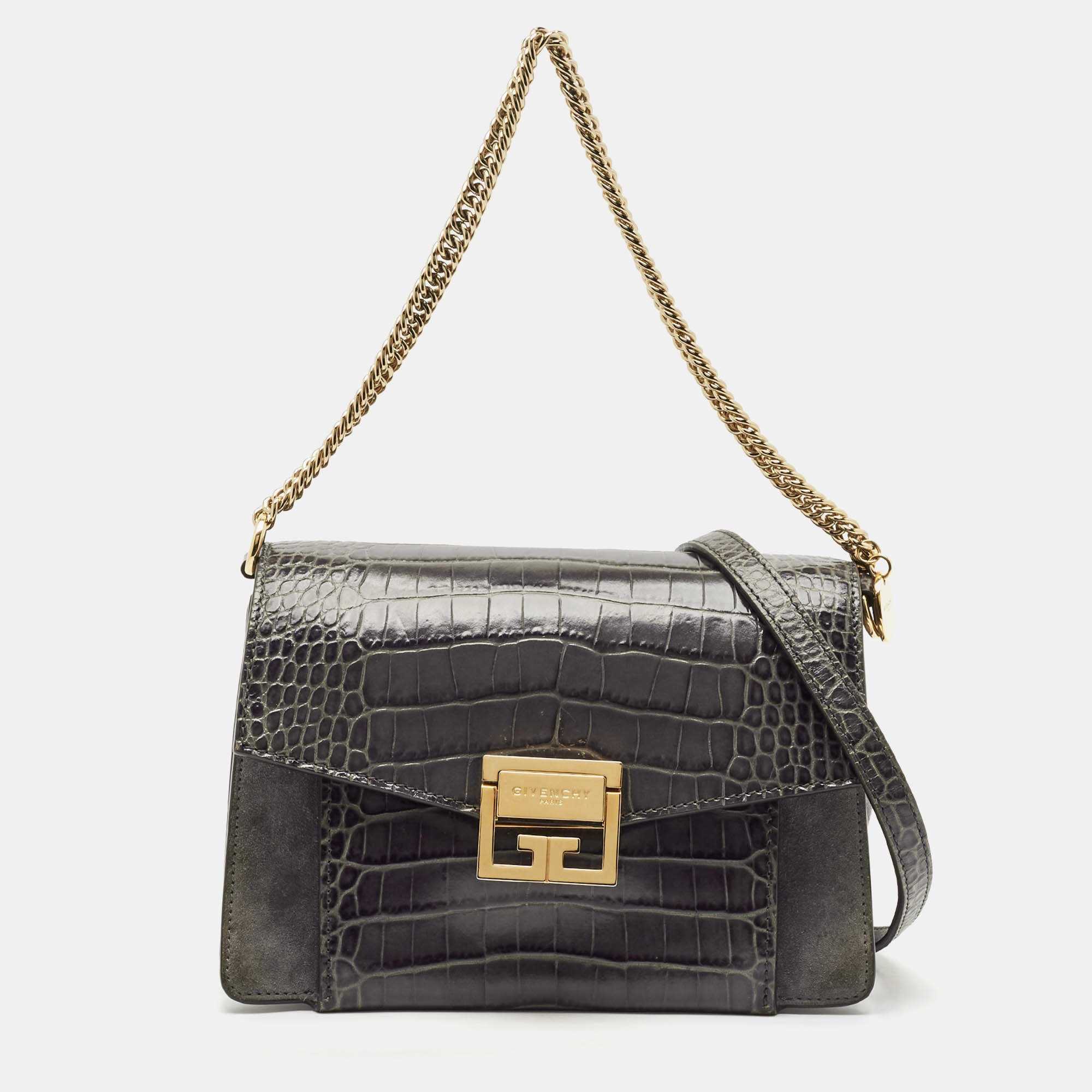 Givenchy Grey Croc Embossed Leather and Suede Small GV3 Shoulder Bag