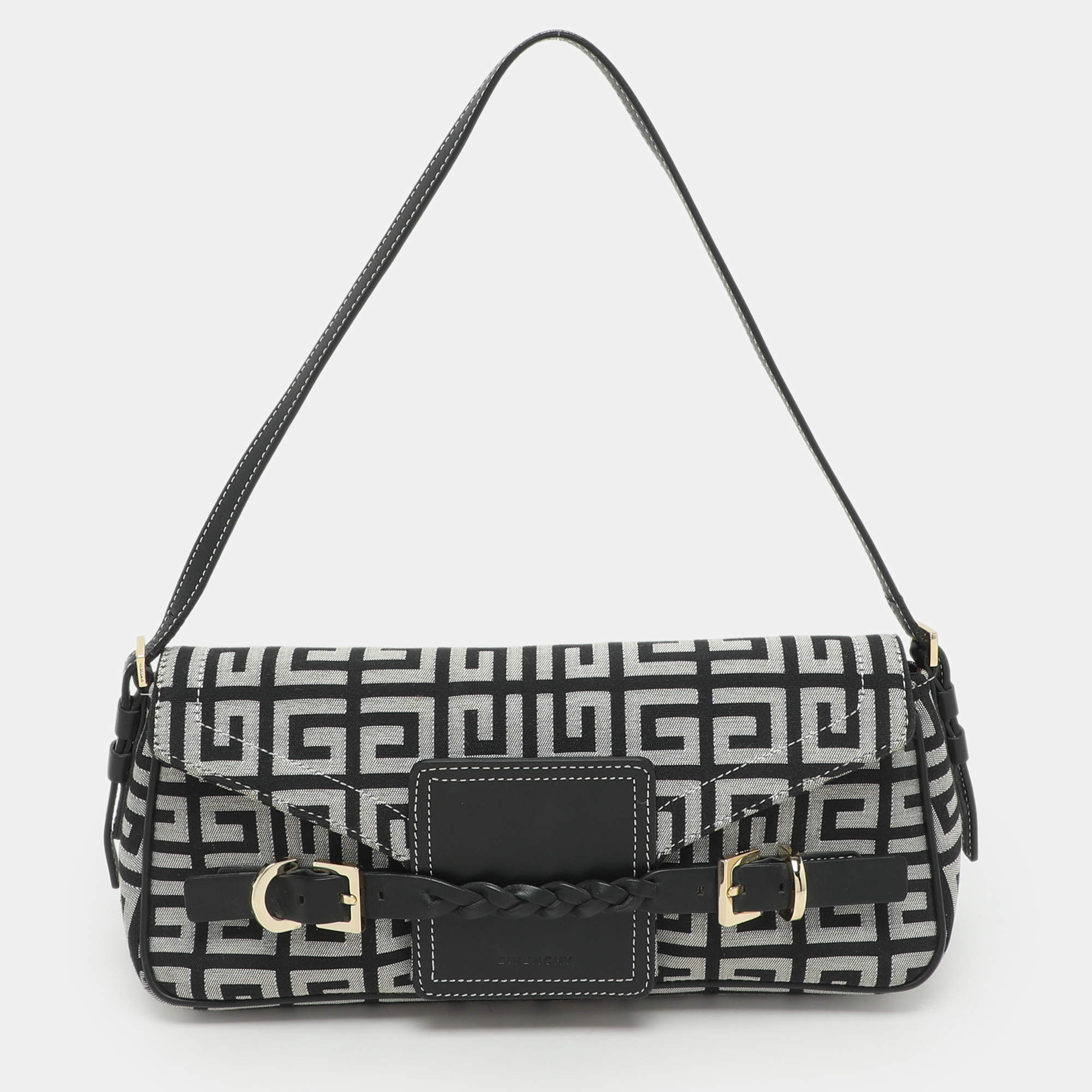 Pre Owned Givenchy Black/Grey Signature Canvas and Leather Shoulder Bag