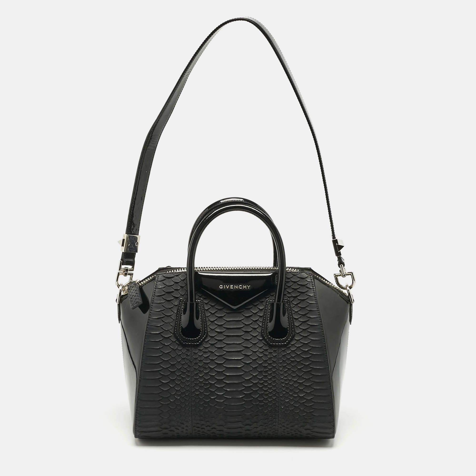 Givenchy Black Python and Patent Leather Small Antigona Satchel