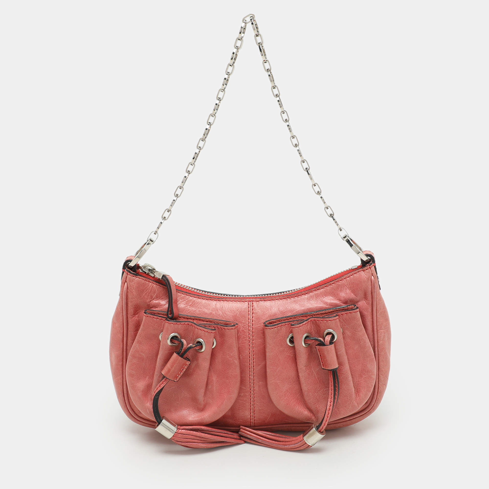 Pre Owned Givenchy Coral Pink Leather Tassel Pocket Chain Baguette Bag