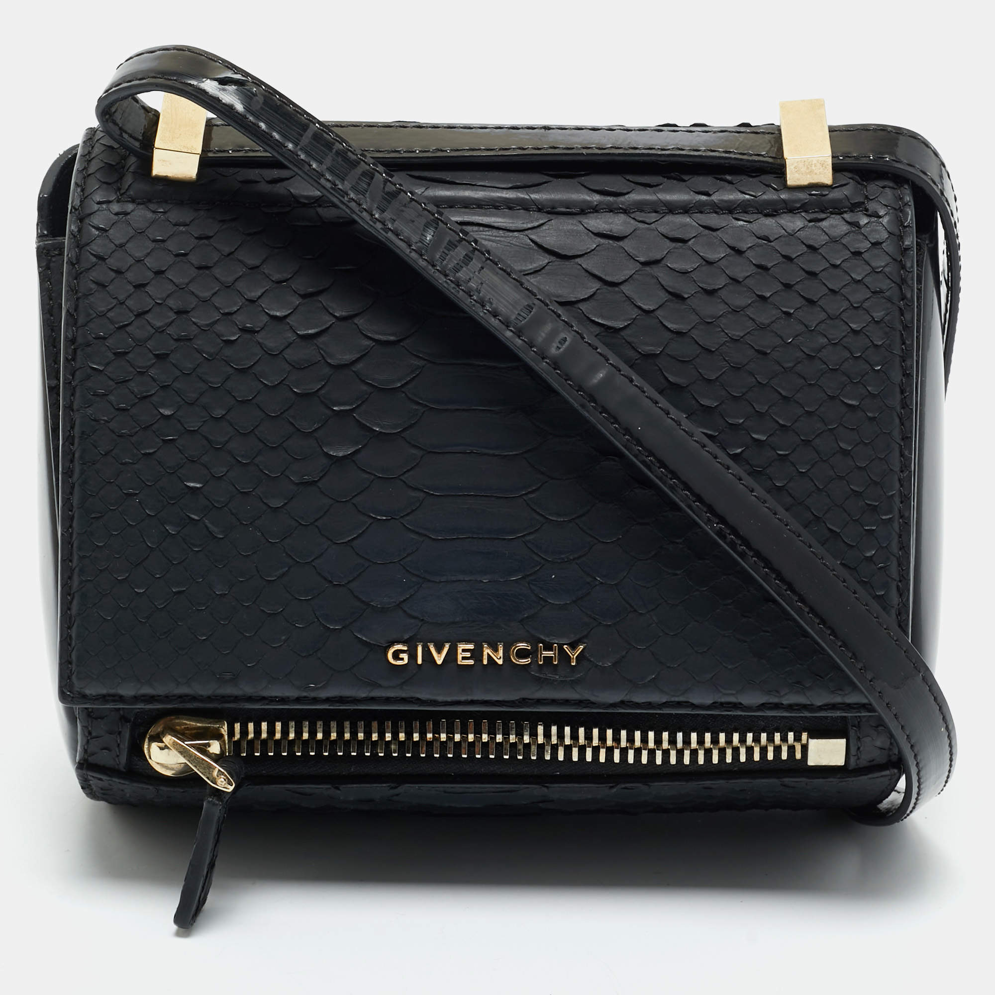 Pre Owned Givenchy Black Python and Patent Leather Mini Pandora Box Crossbody Bag