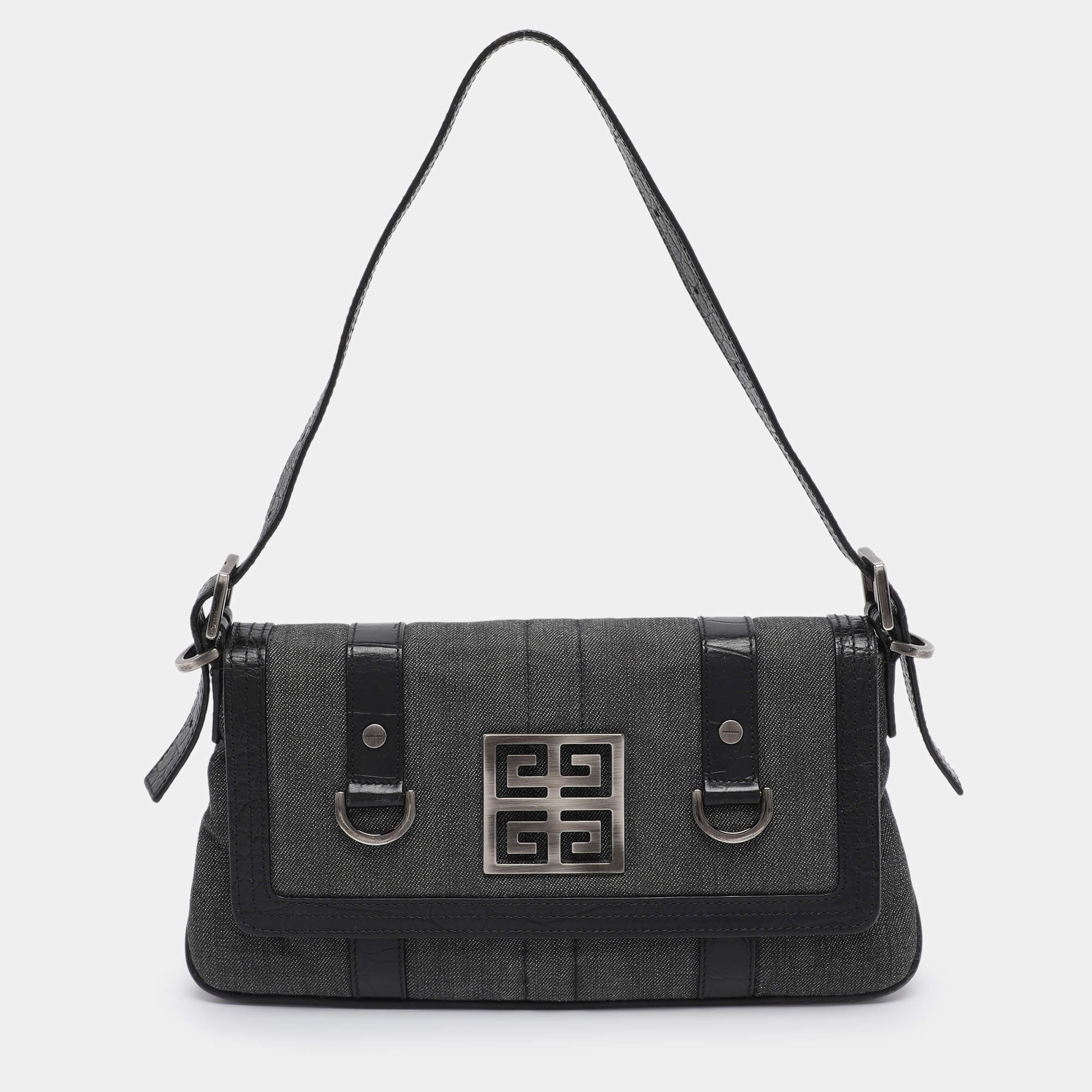 Pre Owned Givenchy Grey/Black Canvas and Croc Embossed Leather Flap Shoulder Bag  