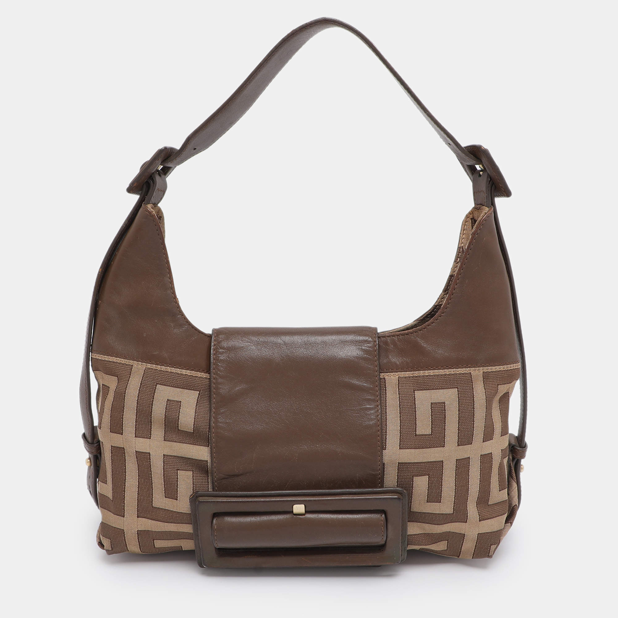 Pre Owned Givenchy Brown/Beige Monogram Canvas and Leather Buckle Flap Hobo