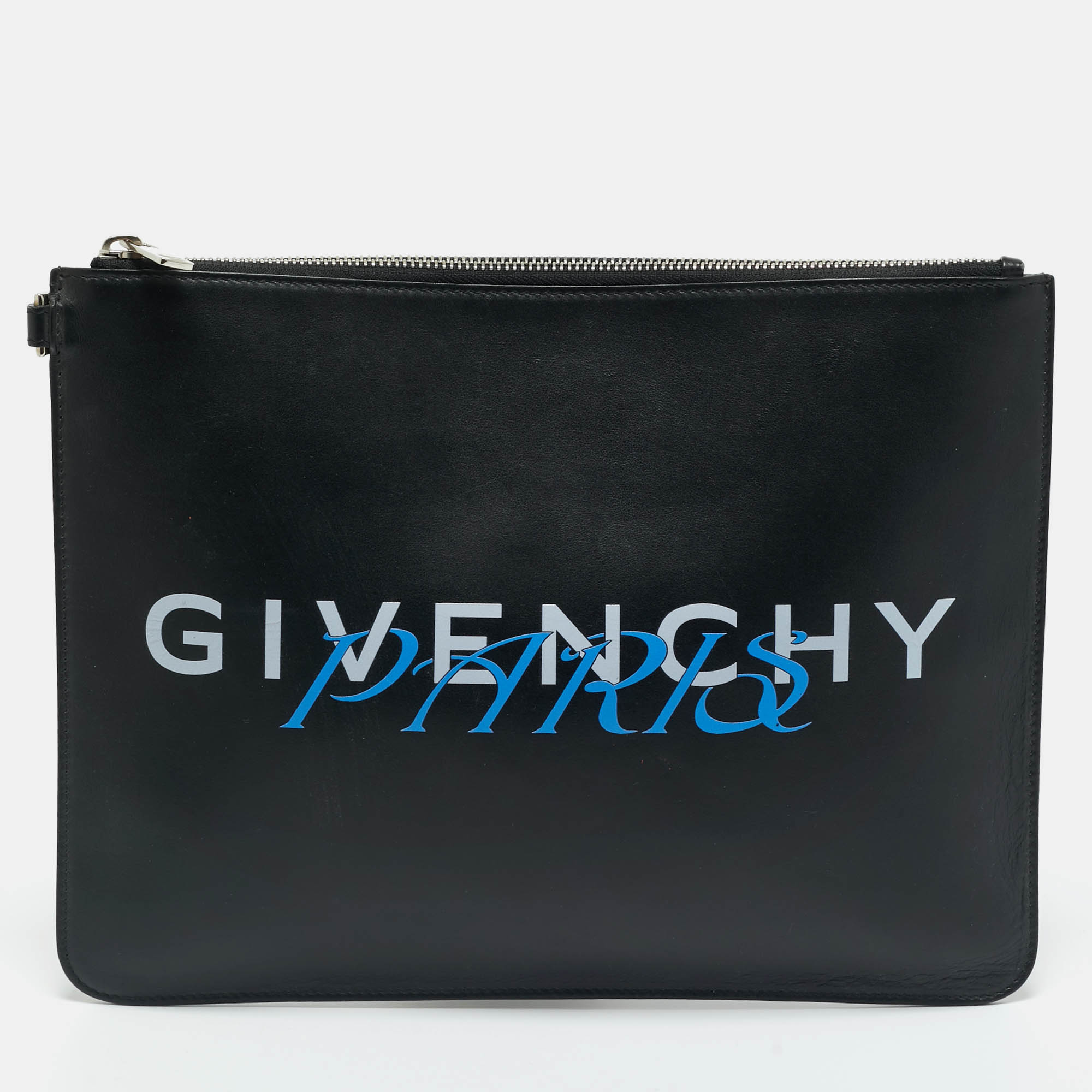 Pre Owned Givenchy Black Leather Logo Zip  Flat Pouch