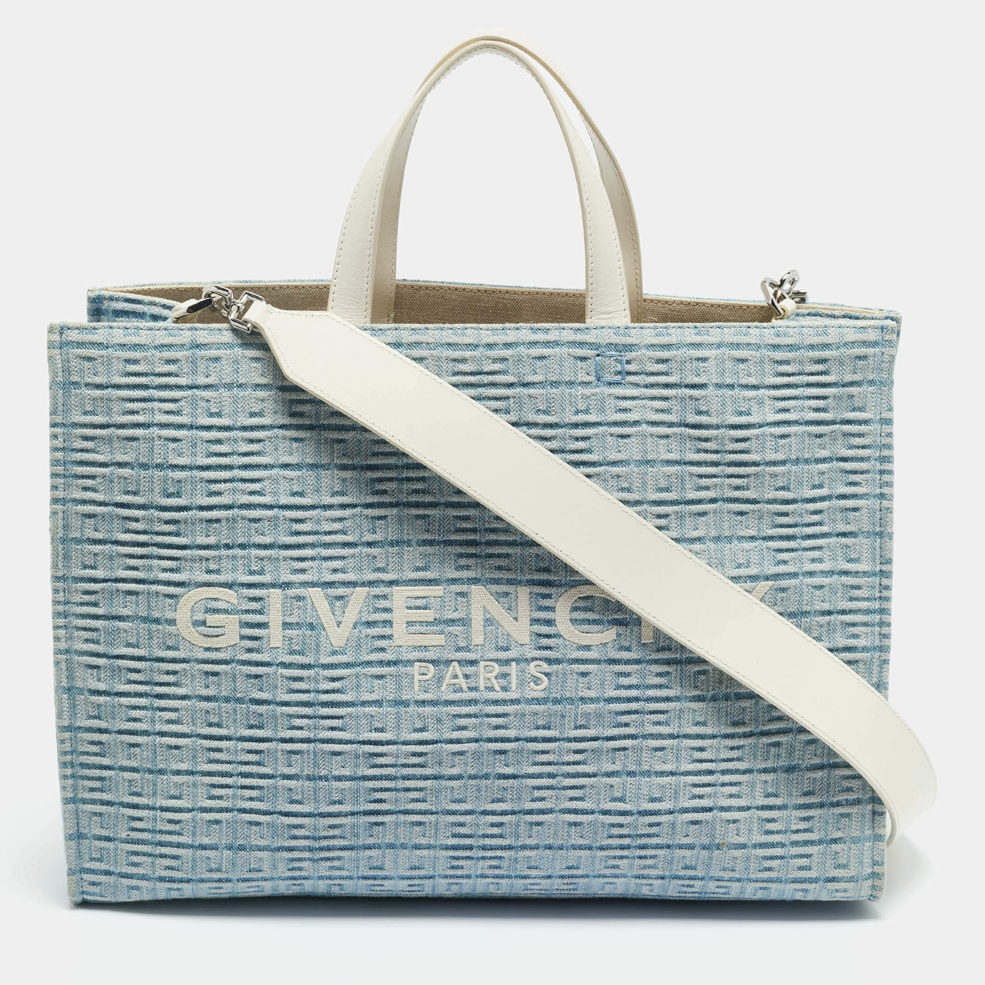 Pre Owned Givenchy Blue/Cream 4G Denim and Leather Medium Tote