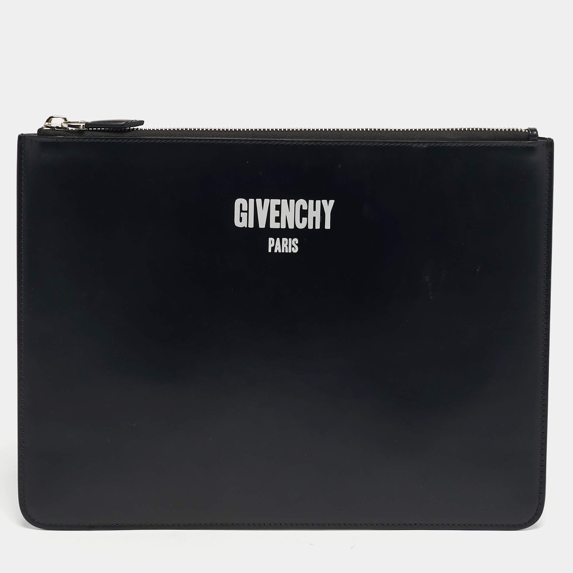 Pre Owned Givenchy Black Leather Logo Print Zipped Pouch