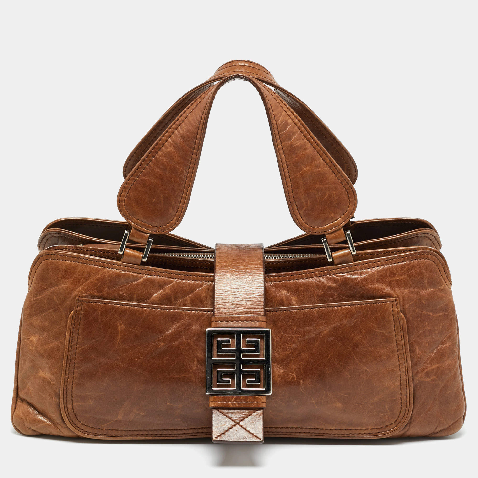 Pre Owned Givenchy Greca Flap Brown Leather Tote