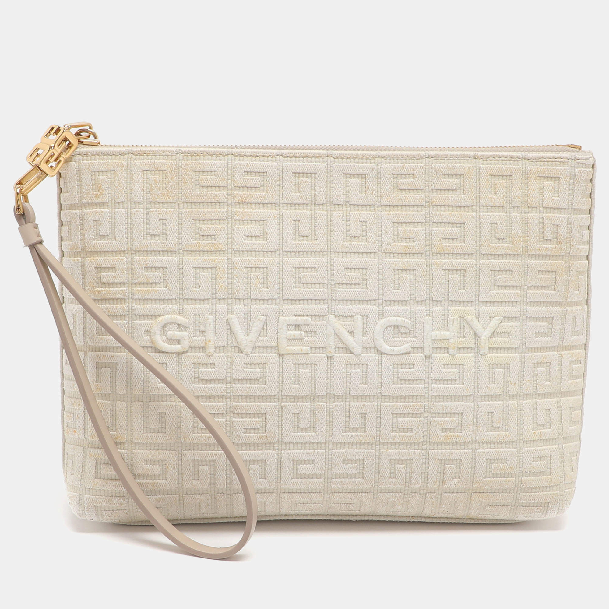 Pre Owned Givenchy Logo Embroidered Off White Canvas Wristlet Clutch