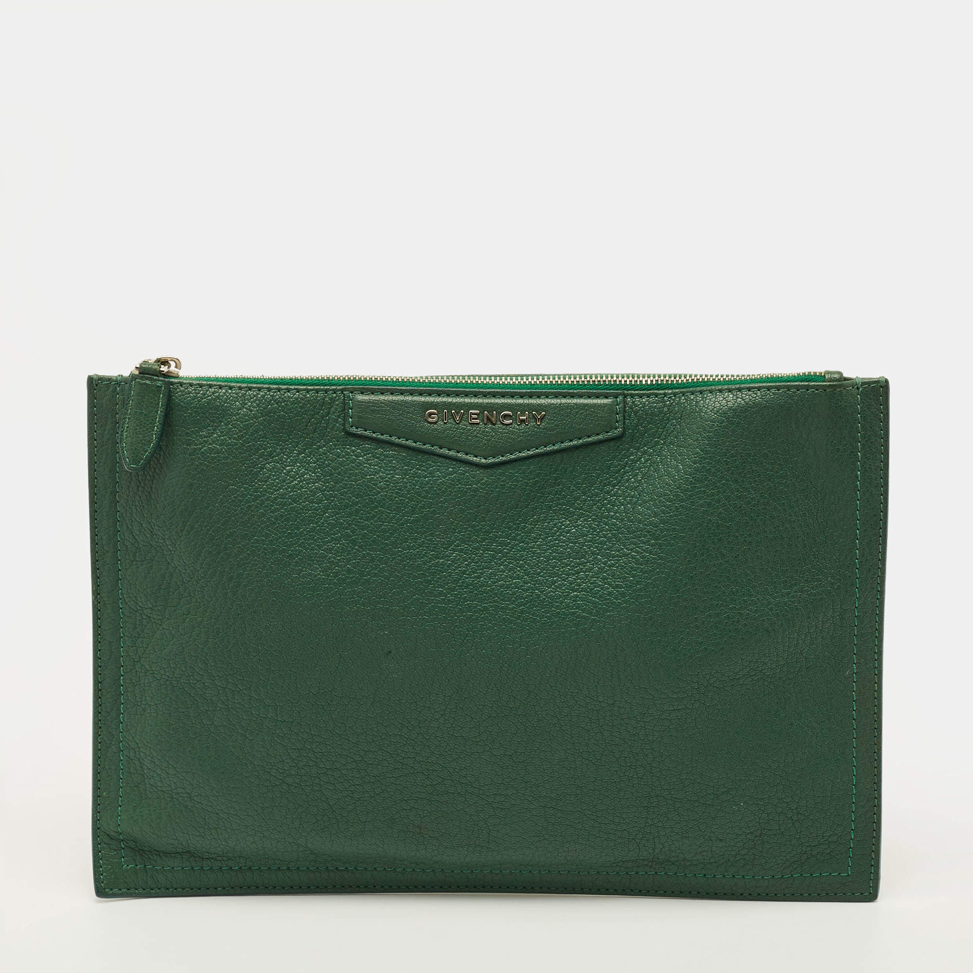 Pre Owned Givenchy Antigona Green Leather Zip Clutch