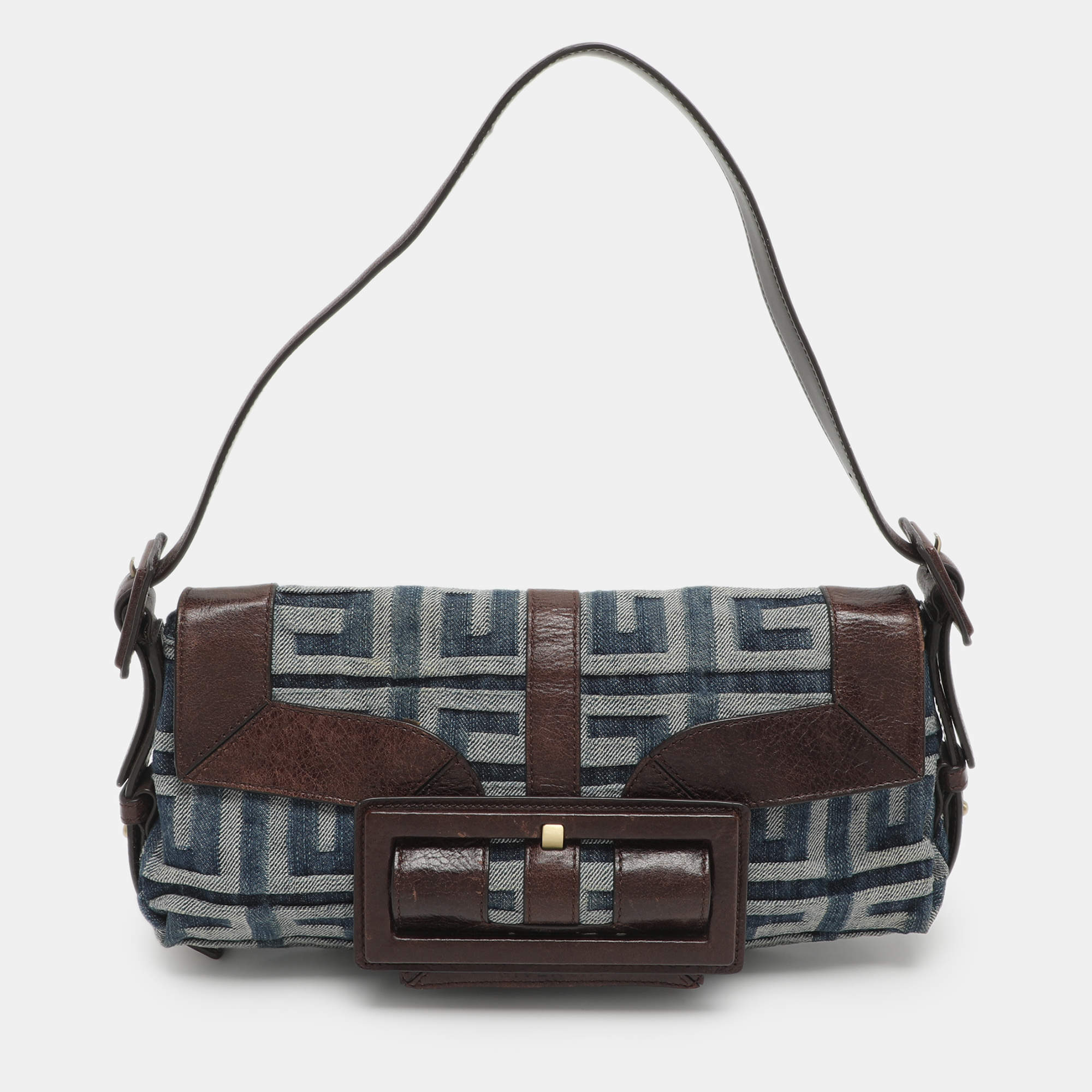 Pre Owned Givenchy Blue Monogram Denim and Leather Shoulder Bag