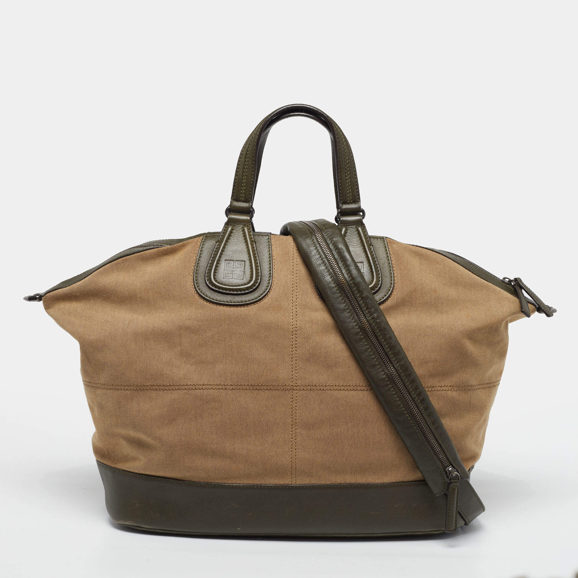 Pre Owned Givenchy Nightingale Large Olive Green/Beige Canvas and Leather Satchel
