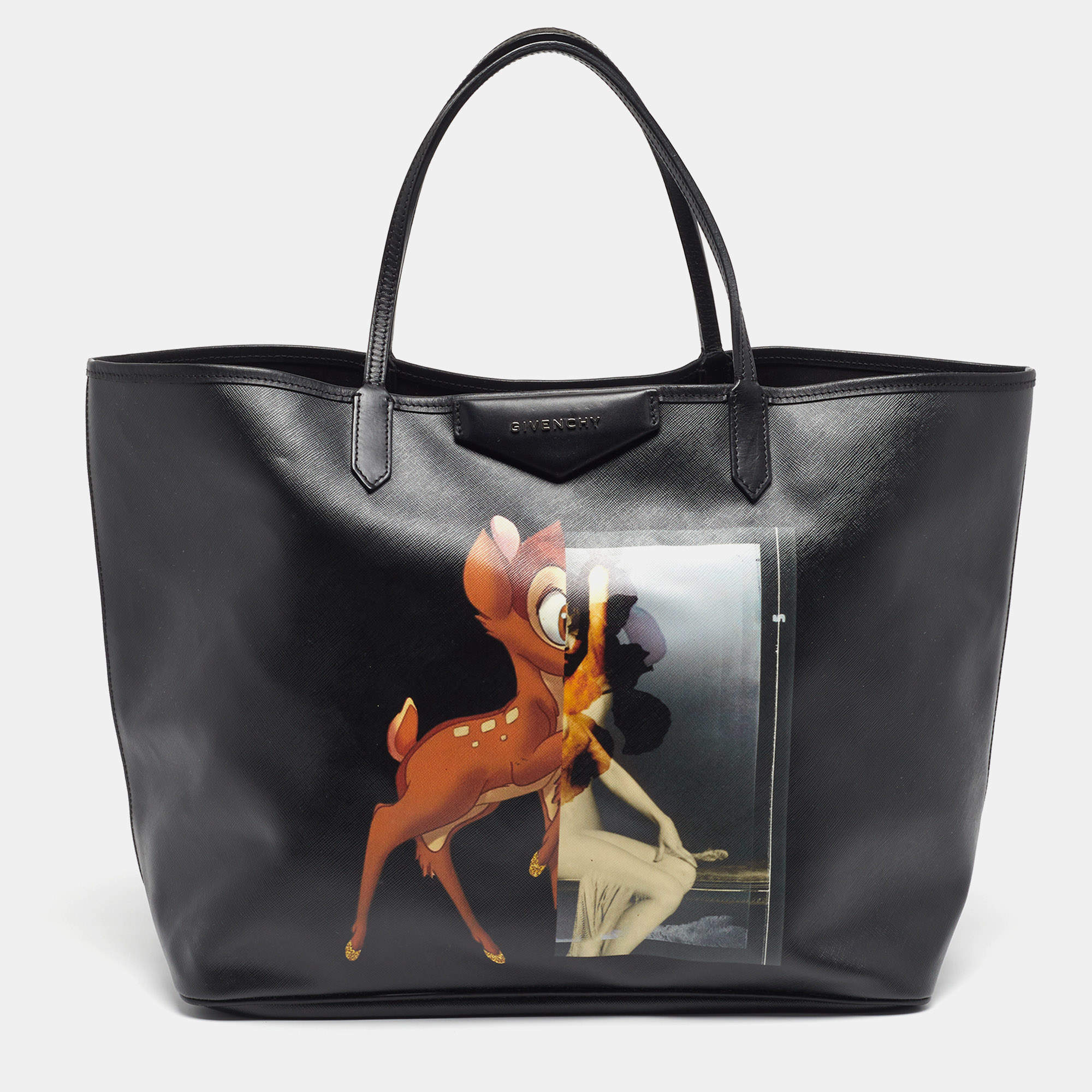 Pre Owned Givenchy Antigona Bambi Print Large Black Coated Canvas Shopper Tote