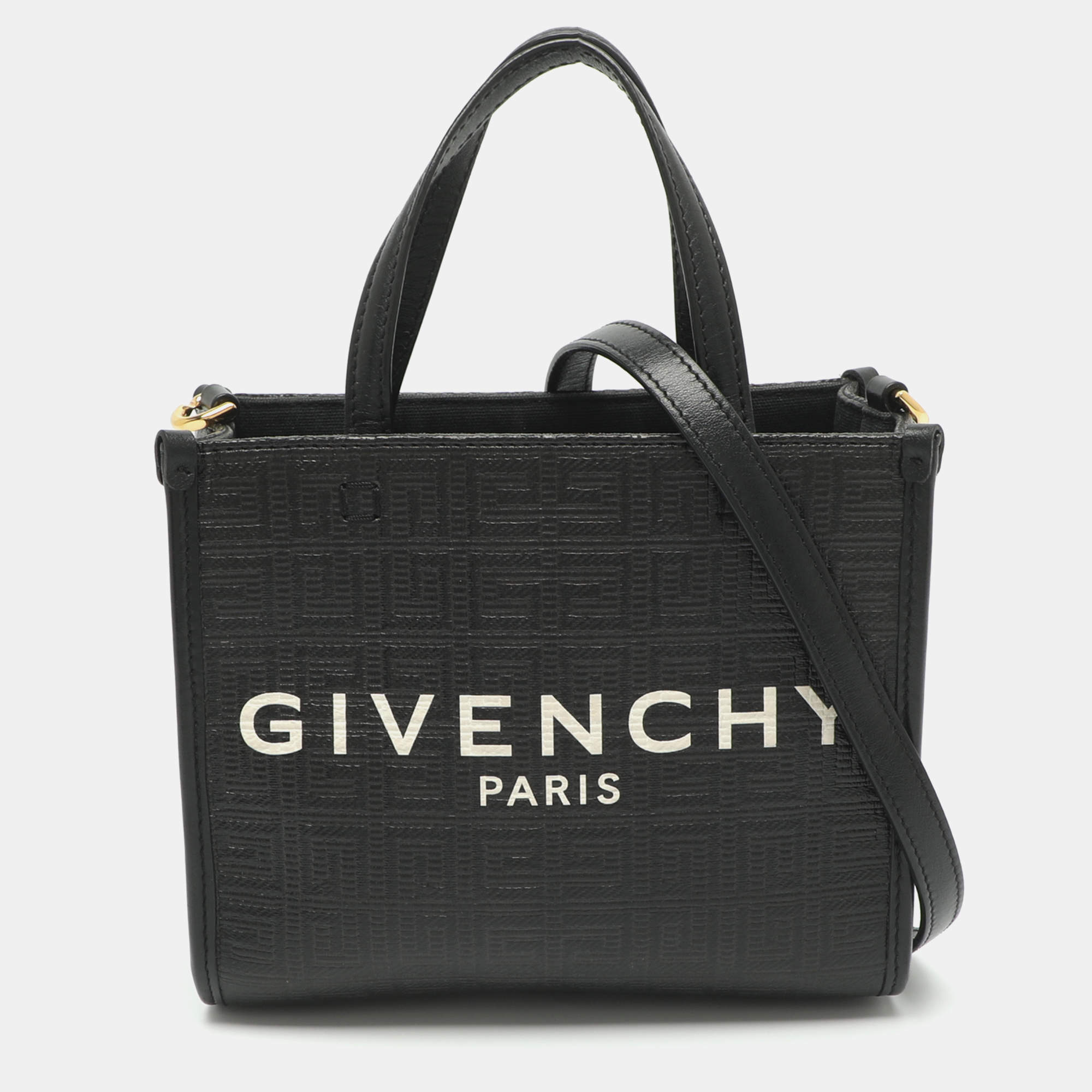 Pre Owned Givenchy G Mini Black Monogram Embossed Coated Canvas and Leather Shopper Tote