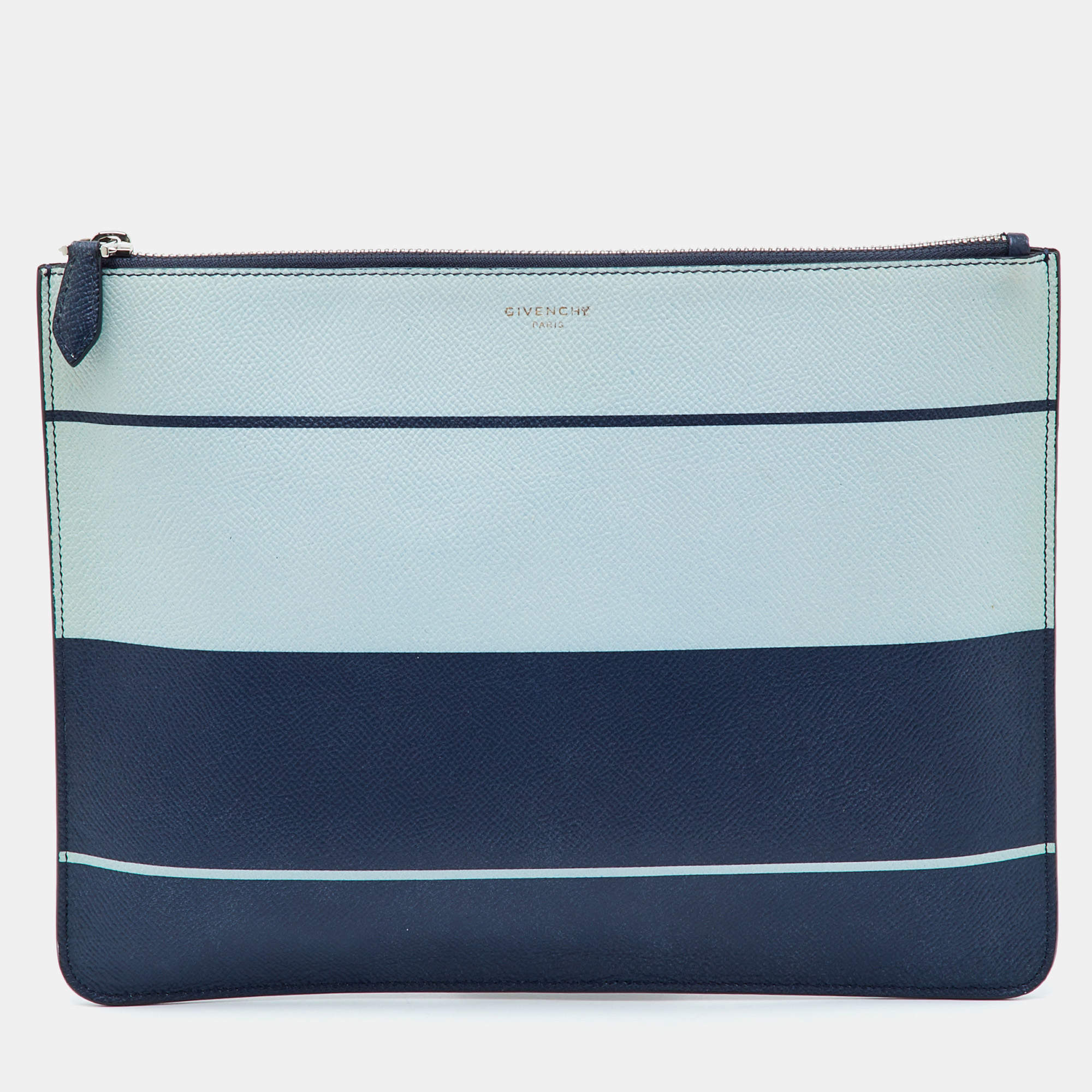 Pre Owned Givenchy Blue/Navy Blue Leather Zip Pouch Clutch