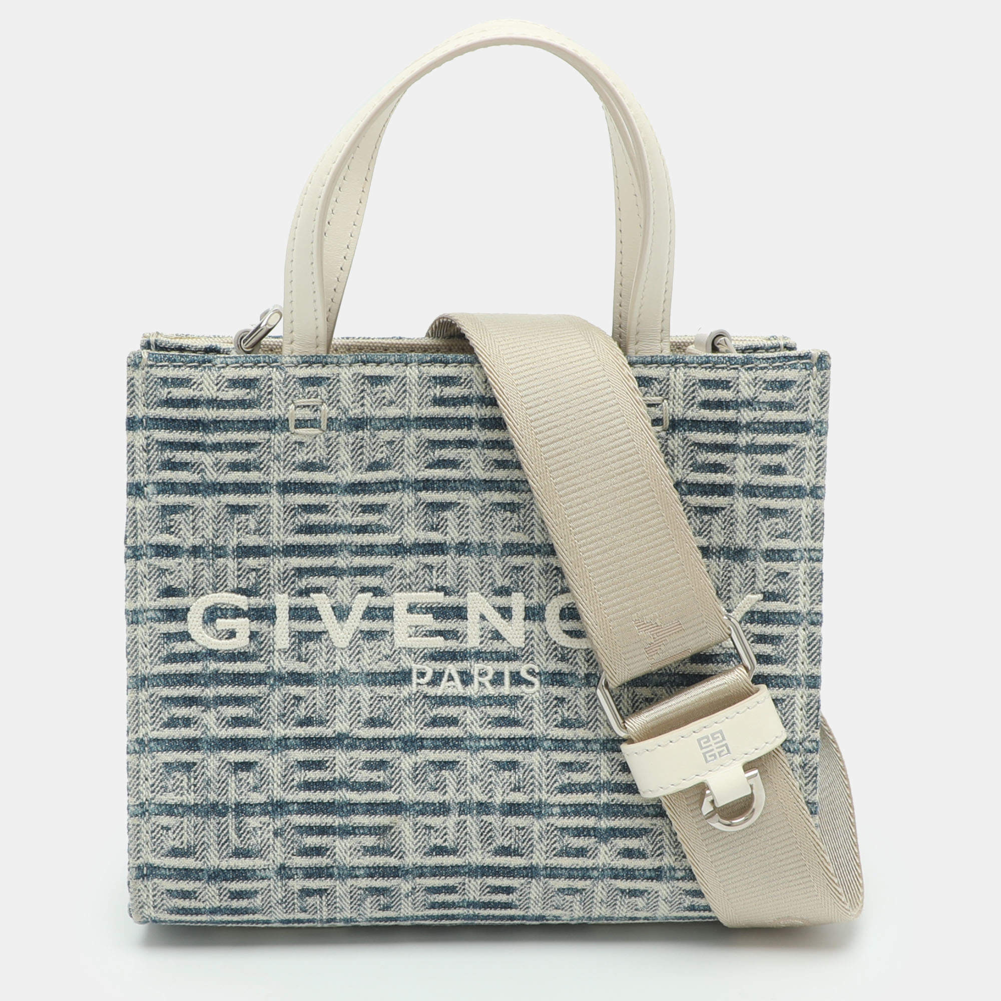 Pre Owned Givenchy G Mini Blue/Off White Monogram Denim and Leather Shopper Tote