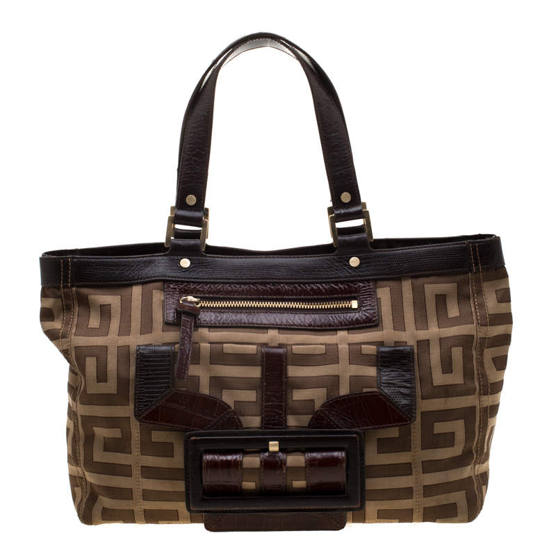 Givenchy Brown Monogram Canvas And Croc Embossed Leather Tote