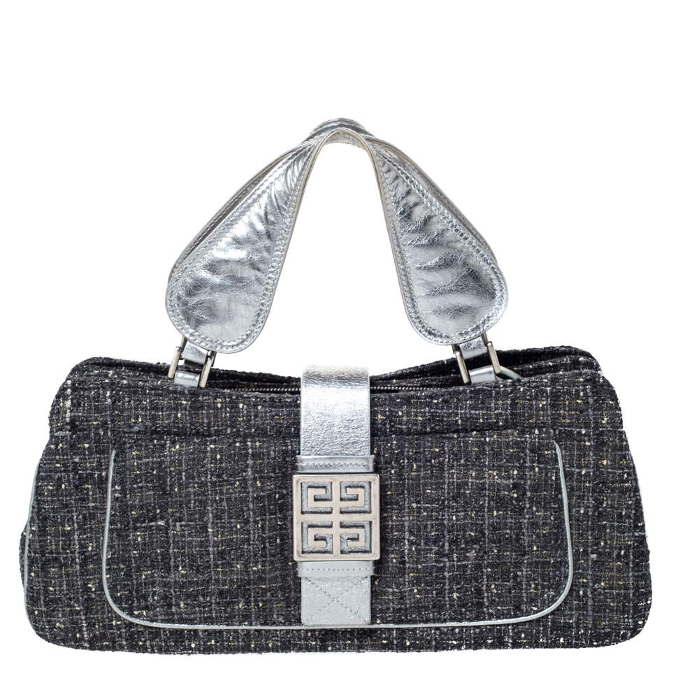 Givenchy Grey Tweed and Leather Logo Plague Flap Satchel