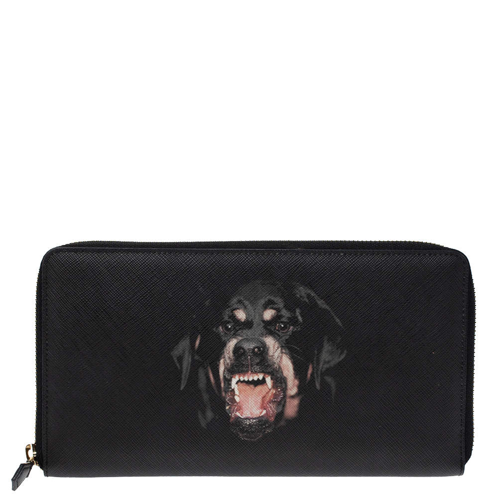 مملوكة مسبقًا Givenchy Black Leather Rottweiler Zip Around Wallet