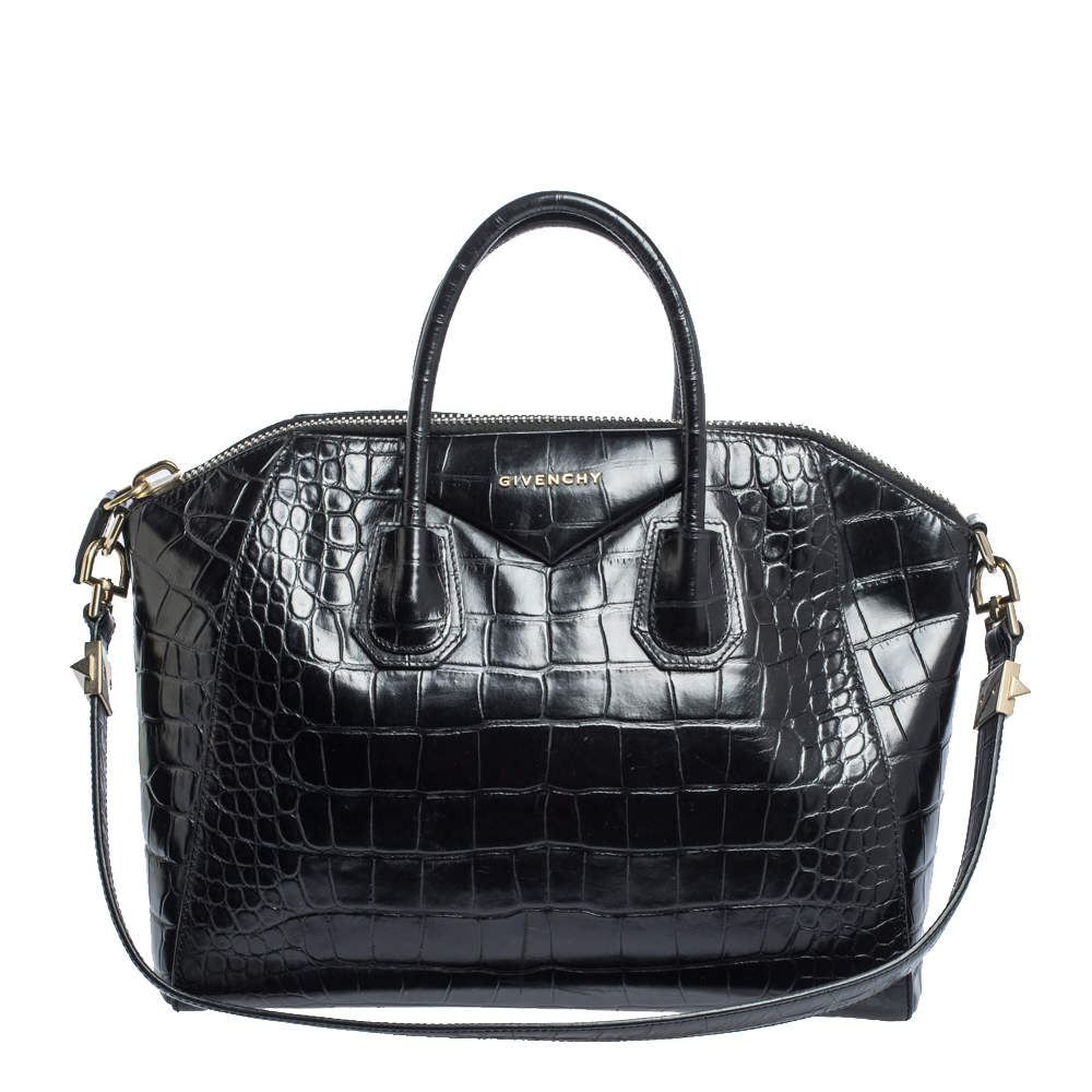 Pre Owned Givenchy Black Croc Embossed Leather Medium Antigona Satchel