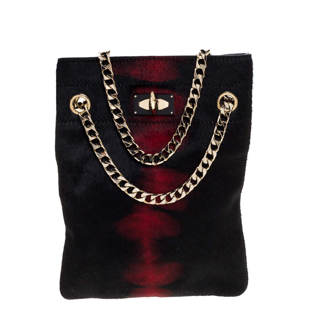 Pre Owned Givenchy Black/Red Calfhair Shark Tooth Mini Chain Shoulder Bag