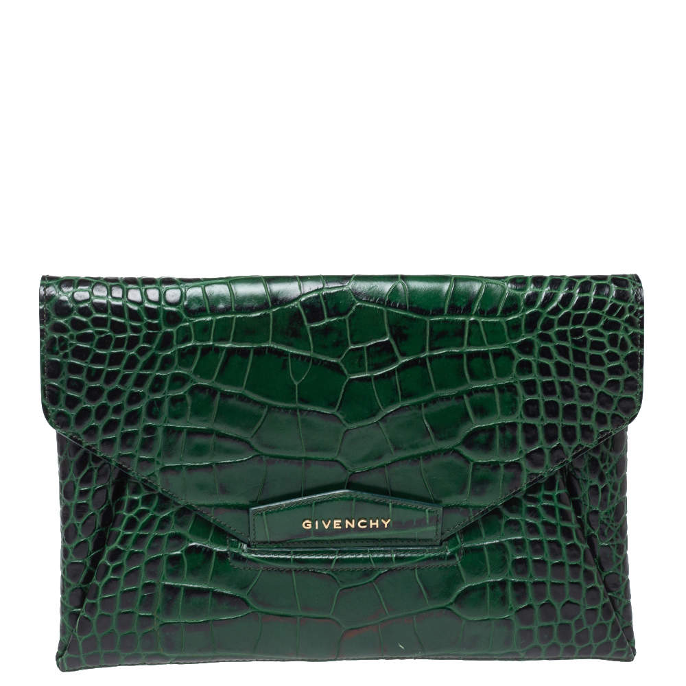 Pre Owned Givenchy Green Croc Embossed Leather Medium Antigona Envelope Clutch