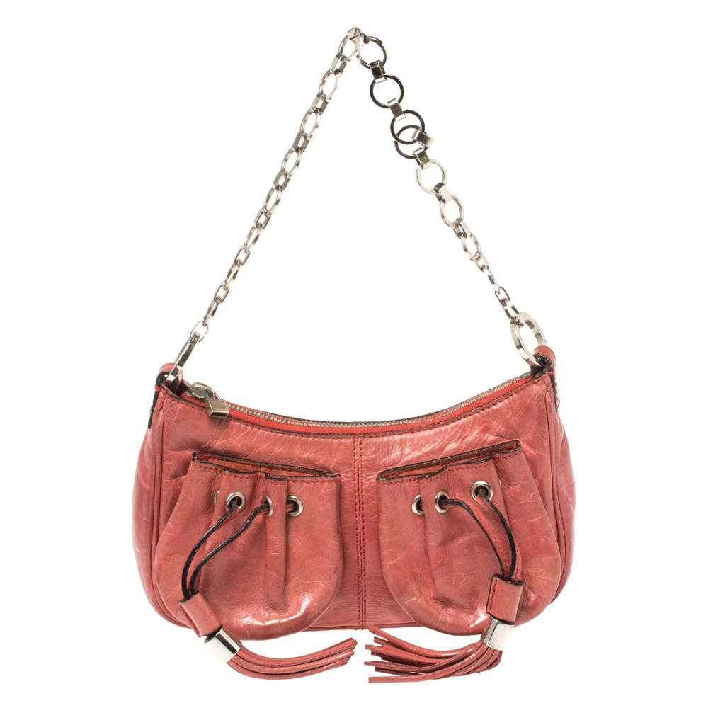 Pre Owned Givenchy Coral Orange Leather Chain Baguette Bag