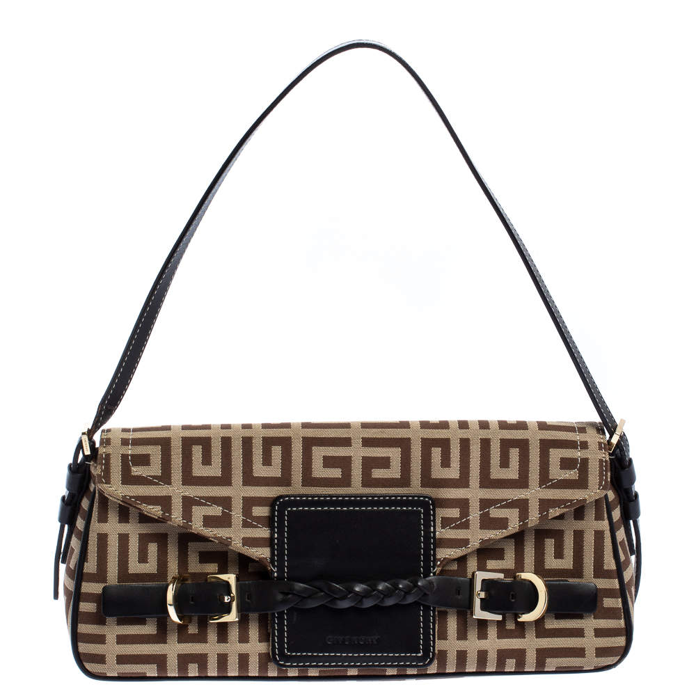 Givenchy Brown Signature Canvas and Leather Flap Baguette Shoulder Bag