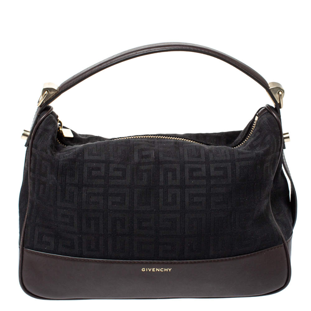 Pre Owned Givenchy Black/Cacao Monogram Canvas and Leather Zip Hobo
