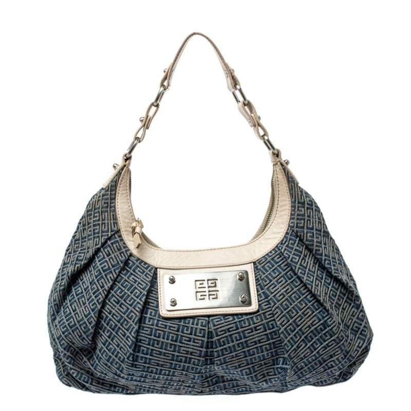 Pre Owned حقيبة كتف جيفنشي جلد ودنيم مونوغرام أزرق/ أبيض