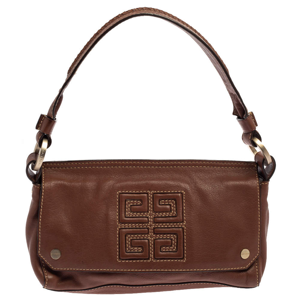 Pre Owned Givenchy Brown Leather Logo Embossed Flap Hobo