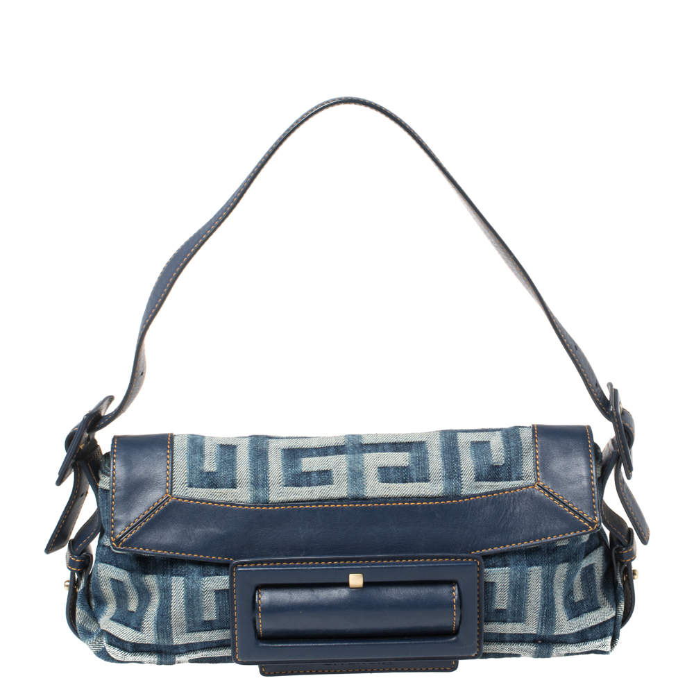 Pre Owned Givenchy Blue Monogram Denim and Leather Buckle Flap Hobo
