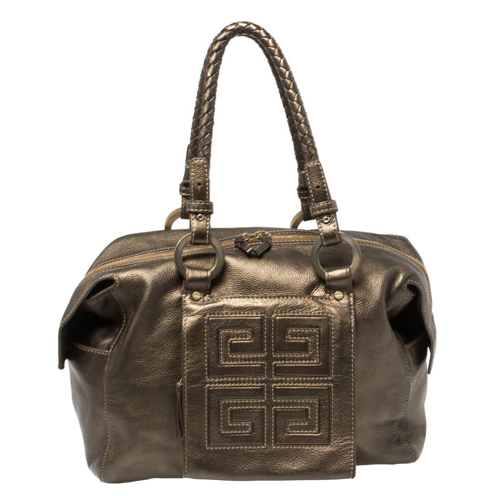 Pre Owned Givenchy Metallic Soft Leather Logo Embossed Braided Handle Satchel