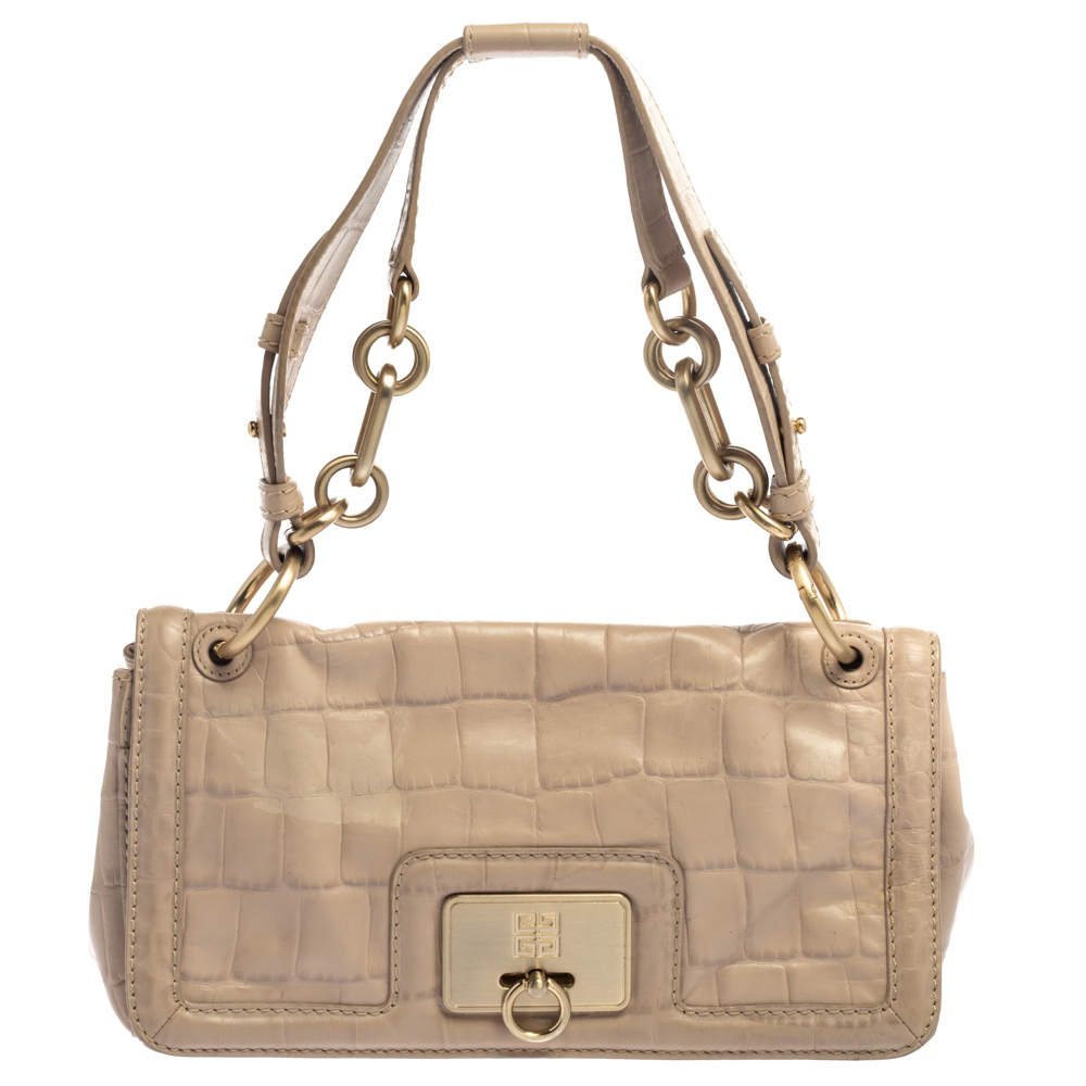 Pre Owned Givenchy Beige Croc Embossed Leather Flap Shoulder Bag