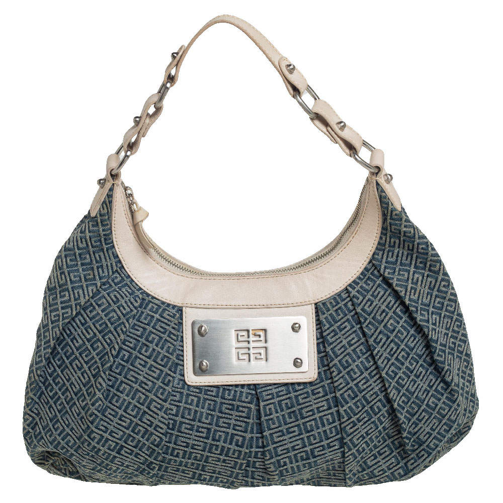 Pre Owned Givenchy Cream/Blue Monogram Canvas and Leather Hobo