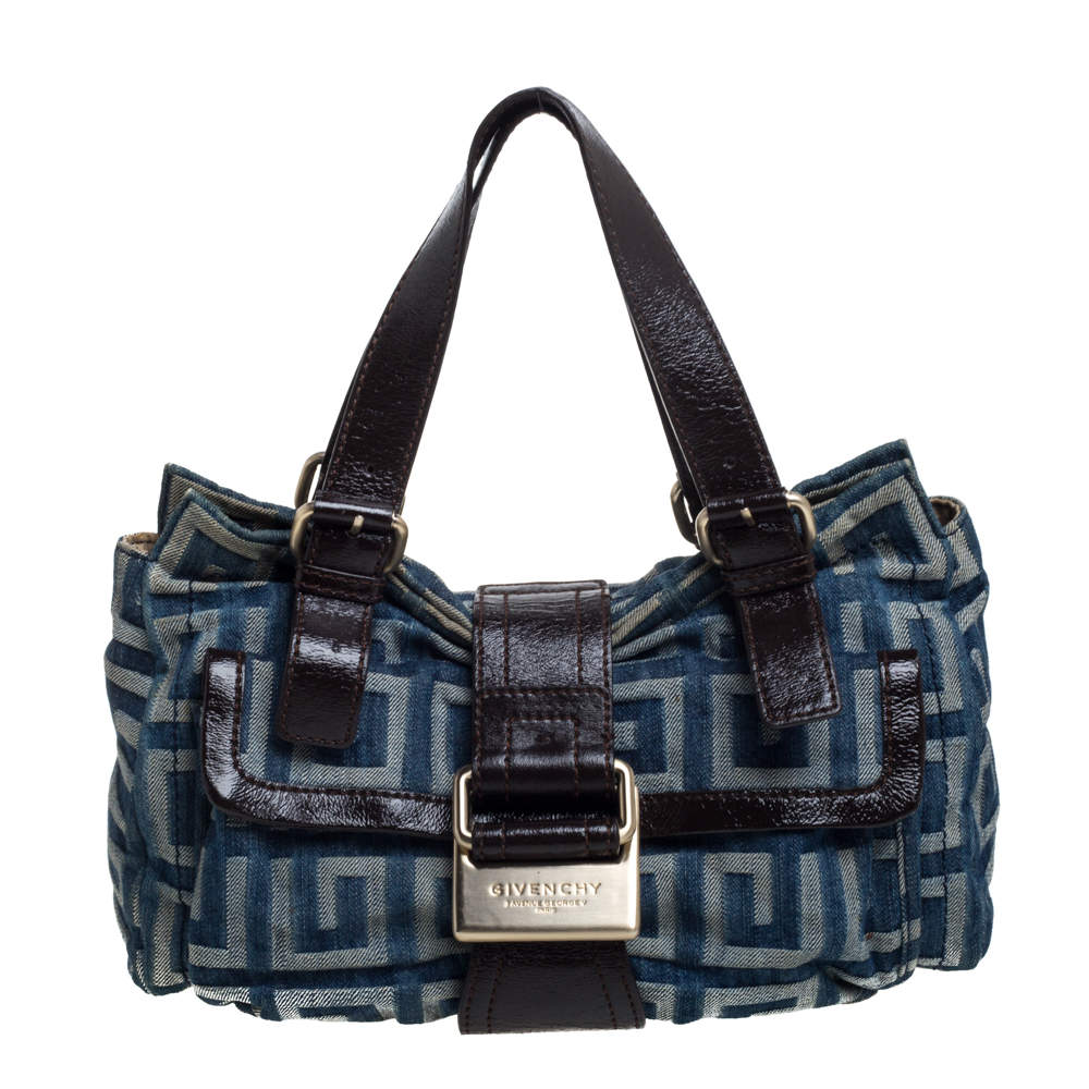 Pre Owned Givenchy Blue/Brown Monogram Denim and Glazed Leather Buckle Flap Shoulder Bag