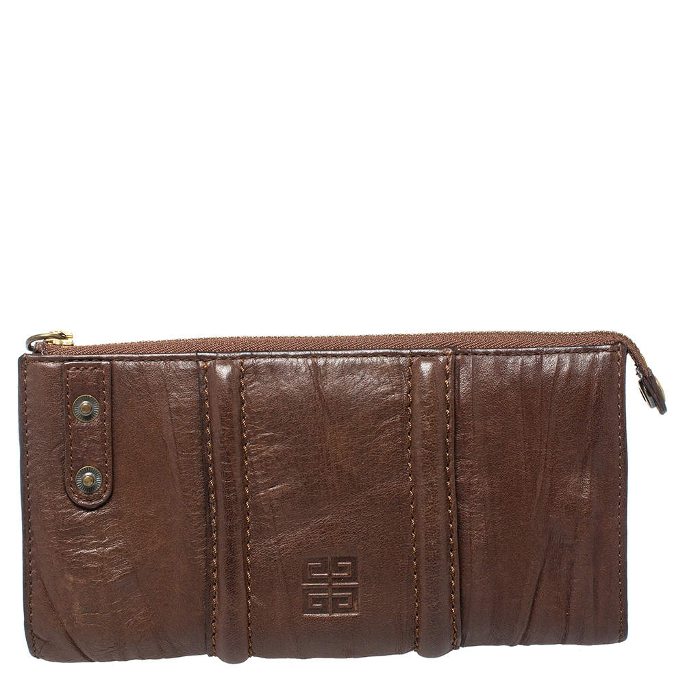Pre Owned Givenchy Brown Crinkled Leather Top Zip Wallet