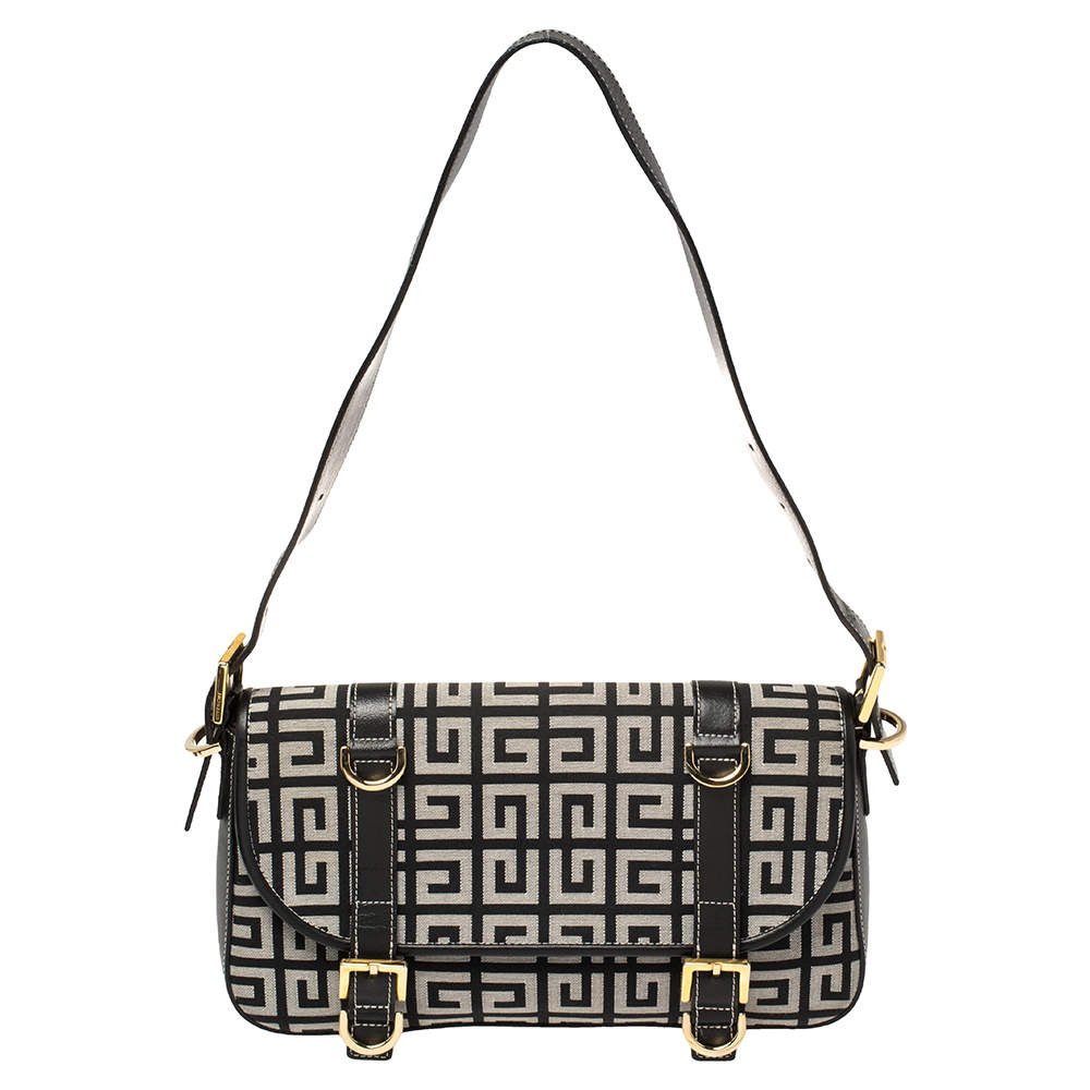 Givenchy Black Monogram Canvas and Leather Double Buckle Flap Shoulder ...
