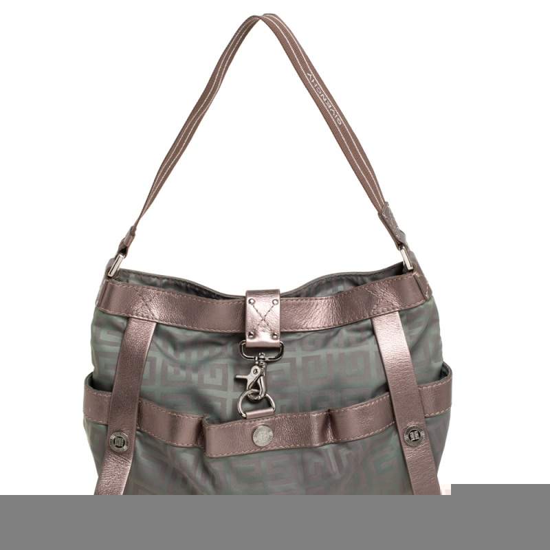 Pre Owned Givenchy Green/Brown Monogram Fabric and Leather Clasp Flap Hobo