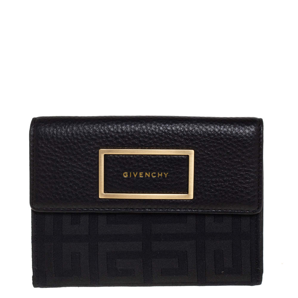 Pre Owned Givenchy Black Monogram Fabric and Leather Flap Compact Wallet