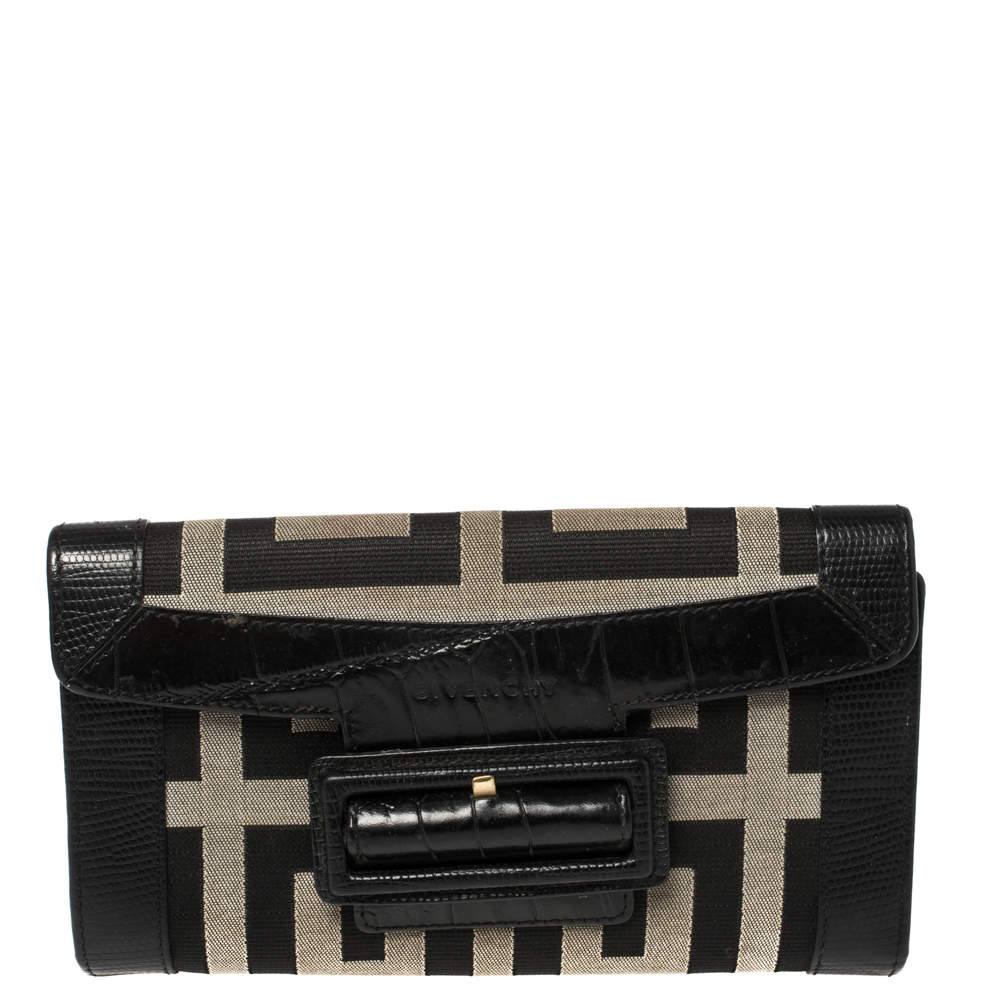 Pre Owned Givenchy Black Monogram Canvas and Croc Embossed Leather Tri Fold Continental Wallet