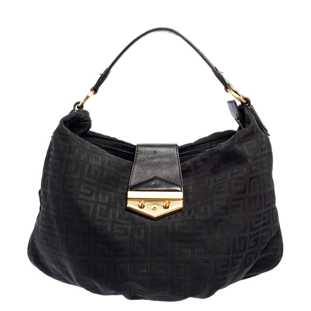 Pre Owned Givenchy Black Monogram Canvas And Leather Flap Hobo