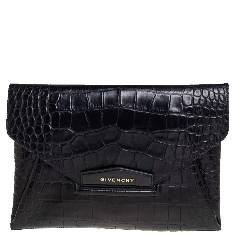 مملوكة مسبقًا حقيبة كلتش جيفنشي أنتيغونا جلد نقشة التمساح أسود متوسطة