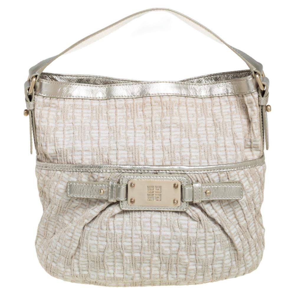 Pre Owned Givenchy Gold/Beige Shimmering Textured Canvas and Leather Logo Hobo