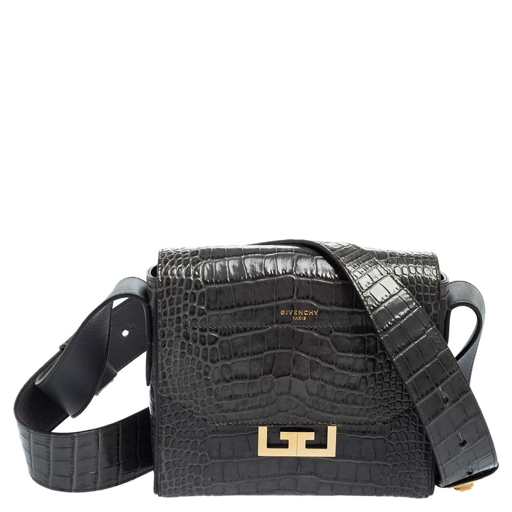Pre Owned Givenchy Grey Croc Embossed Leather GV3 Shoulder Bag